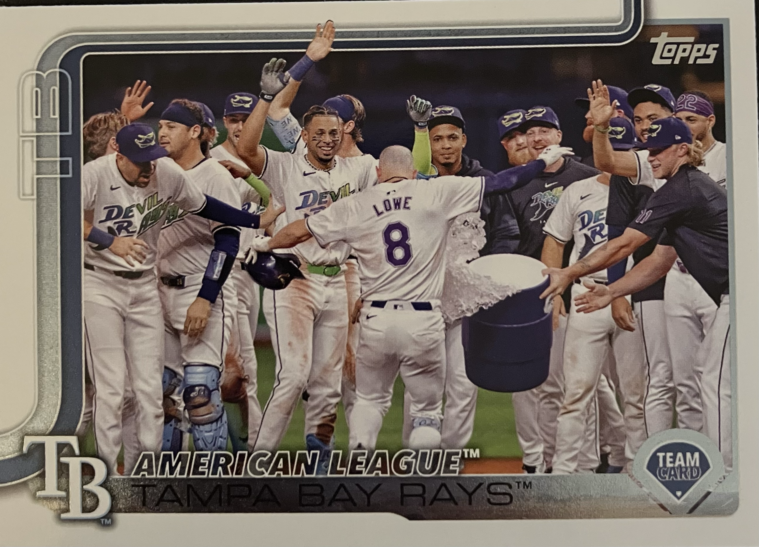 The Rays baseball team celebrating a walkoff with several players in a large group.